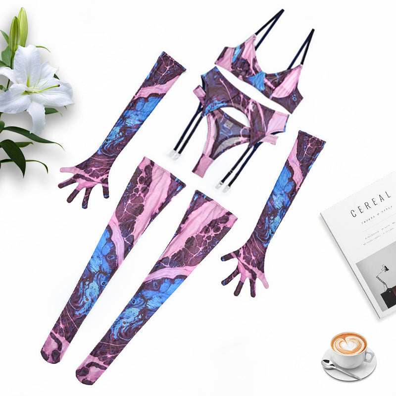 Gathering Mesh Sexy Lingerie – Tie-Dye Colorful Five-Piece Set for Women