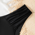 Solid Color Sexy Bikini featuring a pleated low waist triangle design in black, with a textured strap detail.
