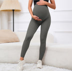 High-waist maternity leggings in gray, designed for early pregnancy with belly support, high elasticity, and moisture-wicking