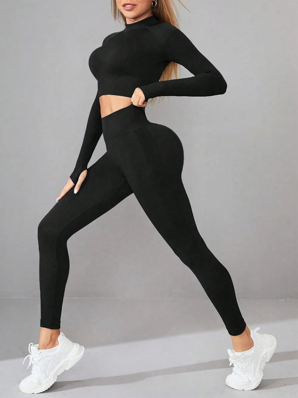 Neck Long Sleeve Top and Leggings Active Set - Classyfashion24.com