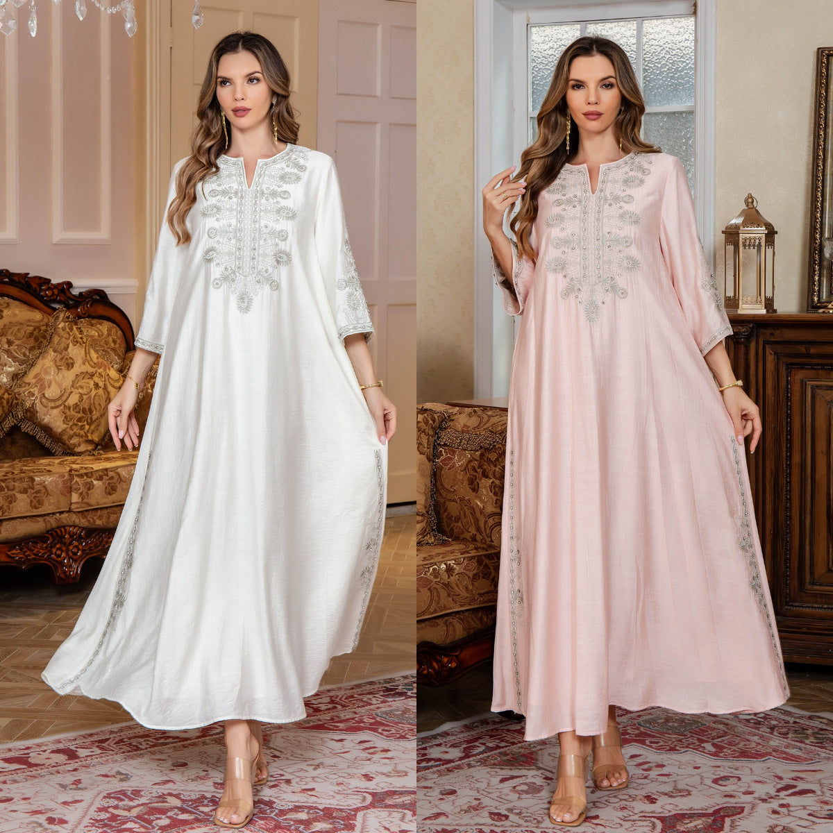 Middle Eastern Muslim Women's  with Rope Embroidery Dubai Long Dress Evening Gown, Arabic Saudi Embroidered Kaftan - Classyfashion24.com