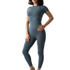 Seamless 2-Piece Activewear Set featuring a short sleeve sport t-shirt and long leggings in a stylish blue color.