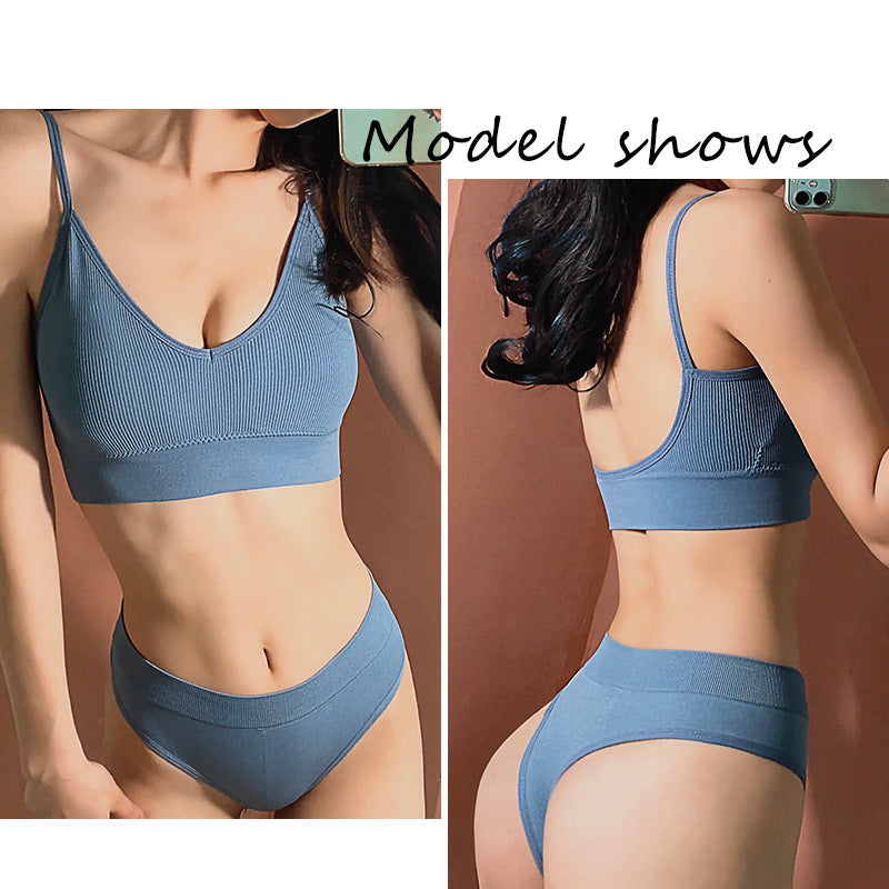 No Rimless Vest Style Wrap Chest Mid Waist Sexy Thong Set in blue, featuring a seamless design and breathable fabric.