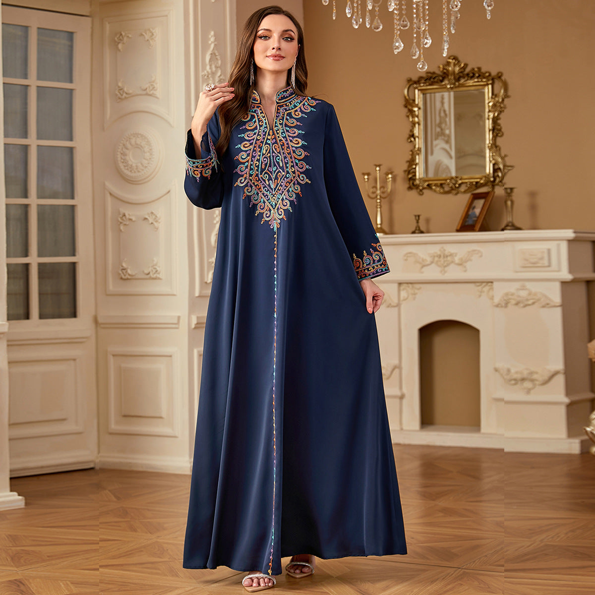Middle Eastern Cross-border Long Robe Muslim Embroidered V-neck Dress Arabic Dubai Jalabiya Long Robe - Classyfashion24.com
