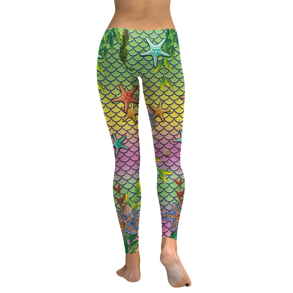 New Summer Mermaid Ocean Women Leggings Starfish Fish Scales Digital Print Leggins Green And Pink Workout Pants