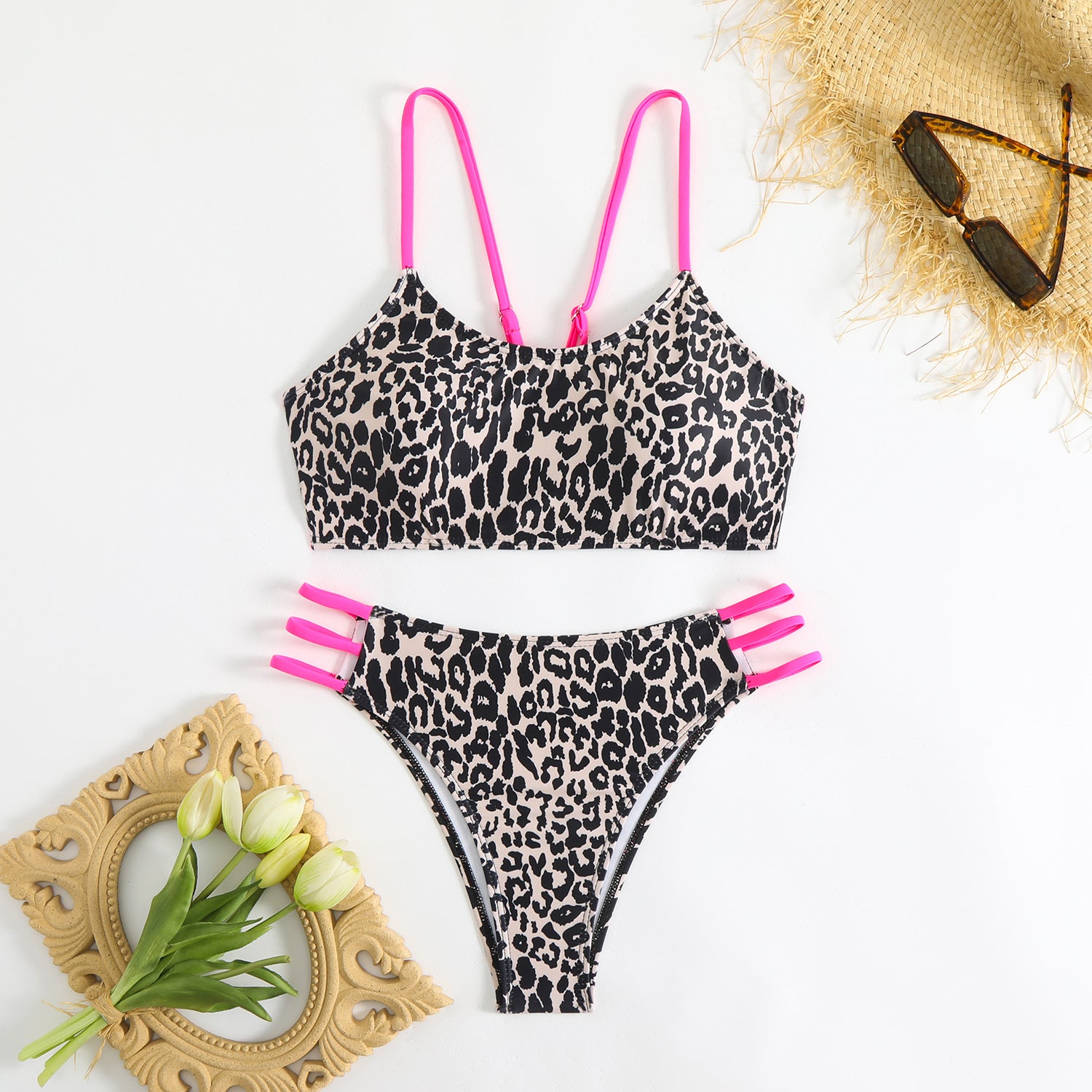 Leopard print multi rope hollow swimsuit bikini - Classyfashion24.com