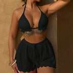 Three piece swimsuit bikini with neck tie and split flat angle pants - Classyfashion24.com