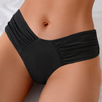 Solid Color Sexy Bikini – Pleated Low Waist Triangle Swimsuit in black, featuring pleated detailing and a low waist design.