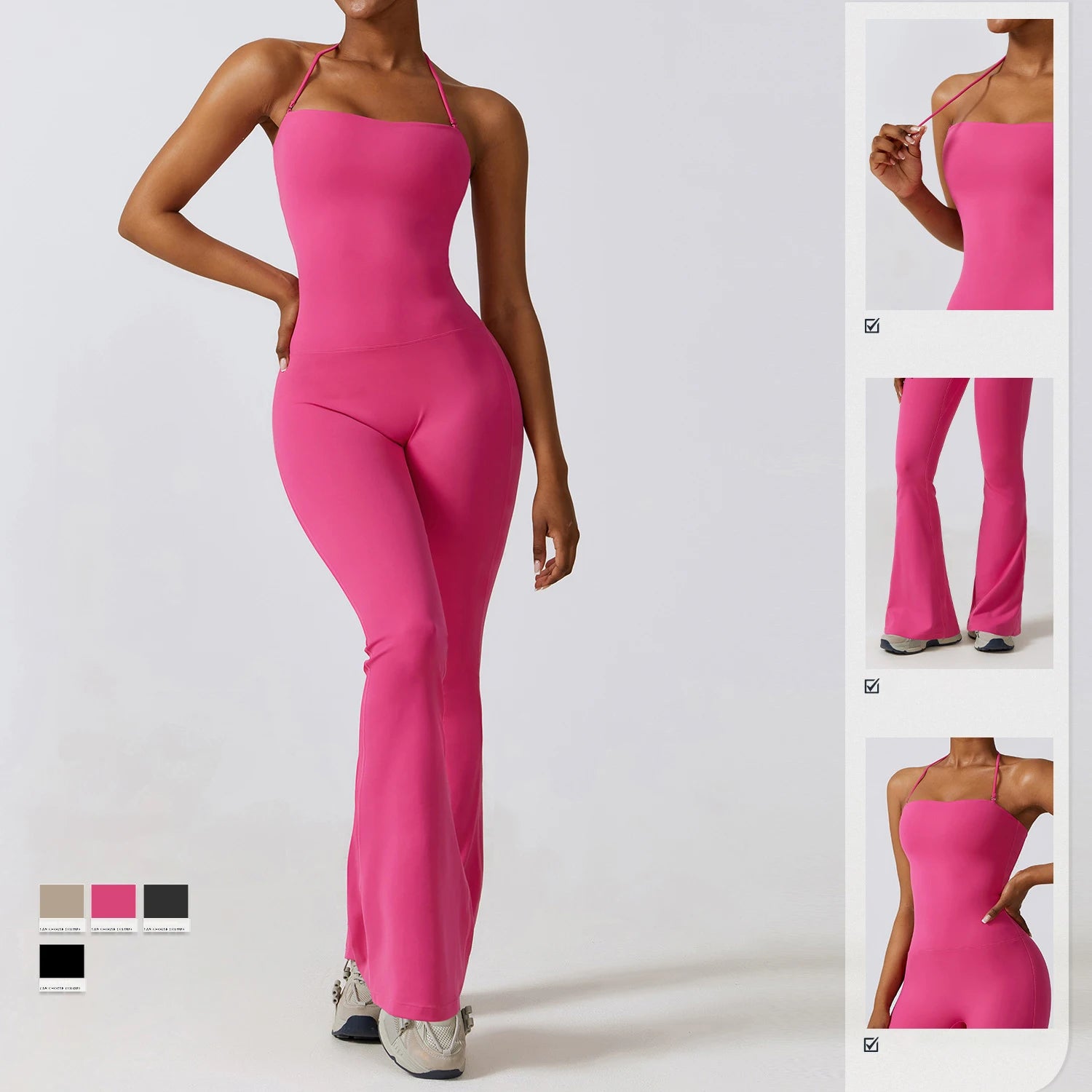 Pink bell bottoms gym set for women, featuring a one-piece yoga suit with a fitted bodice and flared legs, ideal for workouts