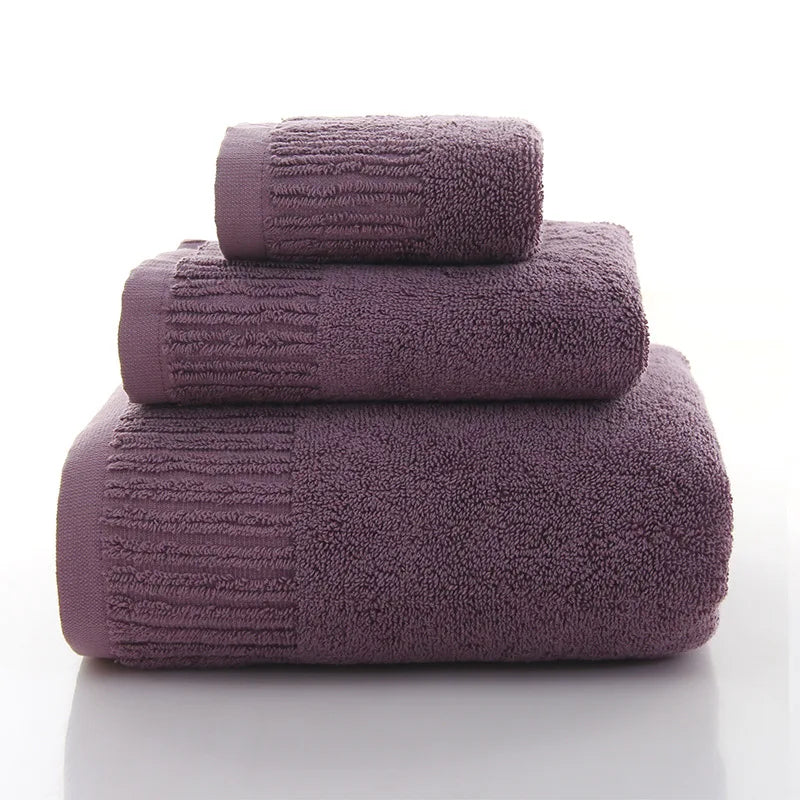 Premium 100% Cotton Thickened Bath Towel Set by classyfashionz, featuring three plush towels in a rich purple hue.