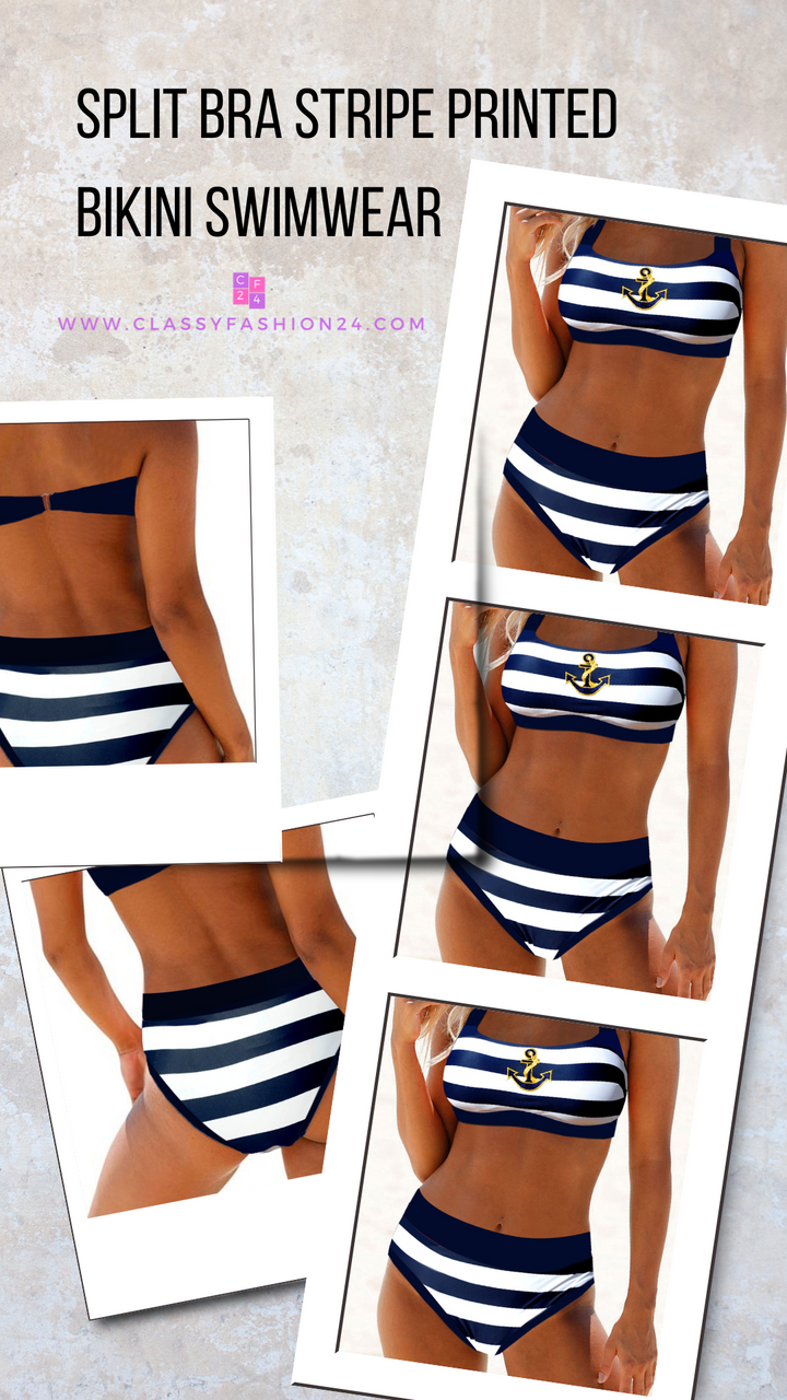 Split Bra Stripe Printed Bikini Swimwear