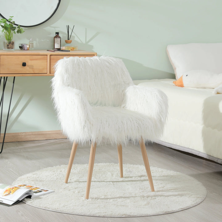 WHITE Faux Fur Upholstered Make up chair Side Dining Chair with Metal Leg(WHITE+Beech Metal Leg)