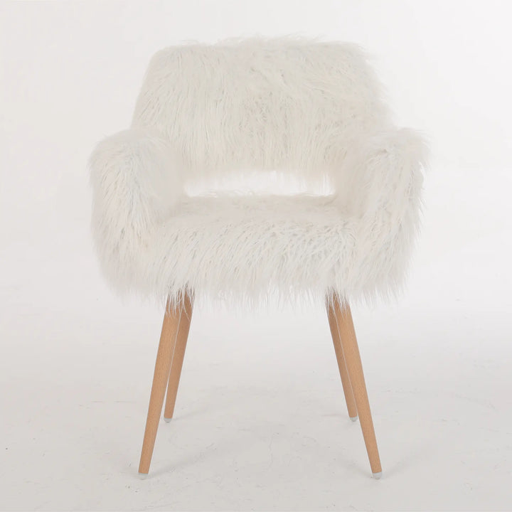 WHITE Faux Fur Upholstered Make up chair Side Dining Chair with Metal Leg(WHITE+Beech Metal Leg)