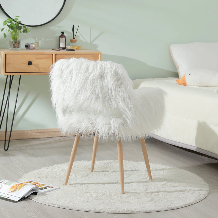 WHITE Faux Fur Upholstered Make up chair Side Dining Chair with Metal Leg(WHITE+Beech Metal Leg)