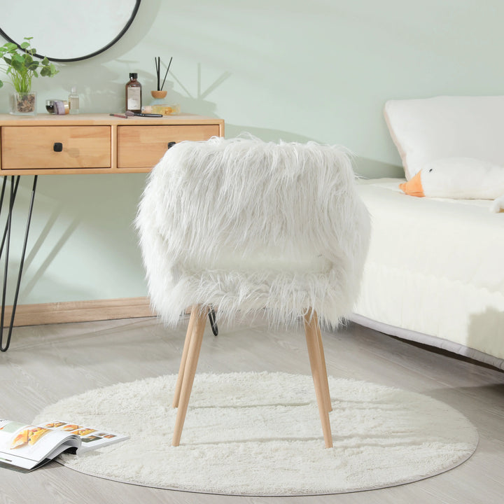 WHITE Faux Fur Upholstered Make up chair Side Dining Chair with Metal Leg(WHITE+Beech Metal Leg)