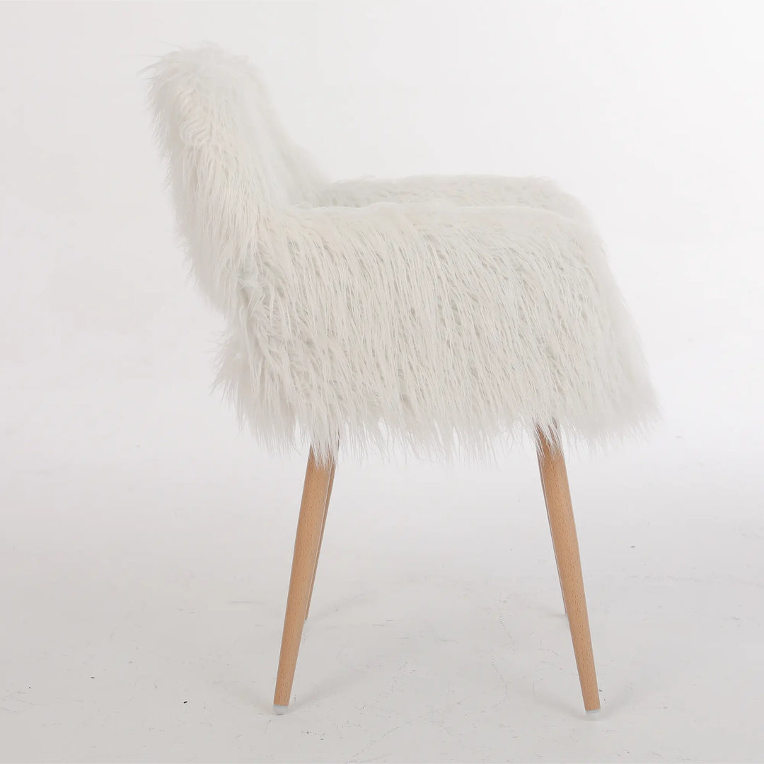 WHITE Faux Fur Upholstered Make up chair Side Dining Chair with Metal Leg(WHITE+Beech Metal Leg)