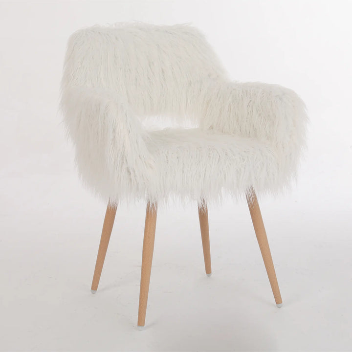 WHITE Faux Fur Upholstered Make up chair Side Dining Chair with Metal Leg(WHITE+Beech Metal Leg)