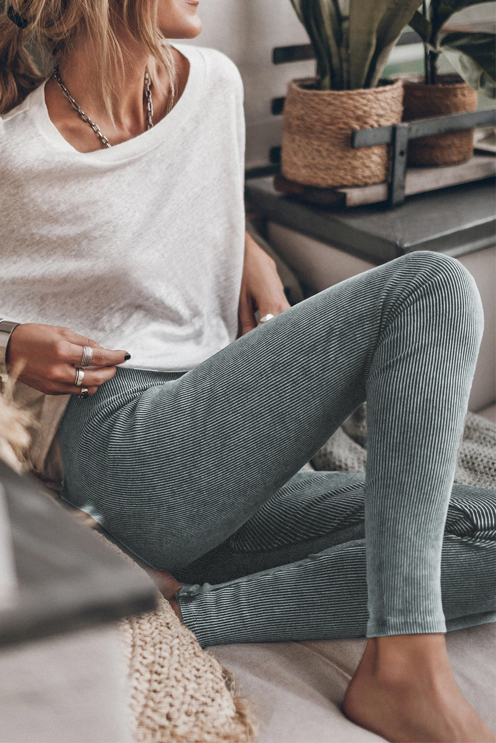 Dark Grey Vintage Wash Ribbed Leggings - Classyfashion24.com