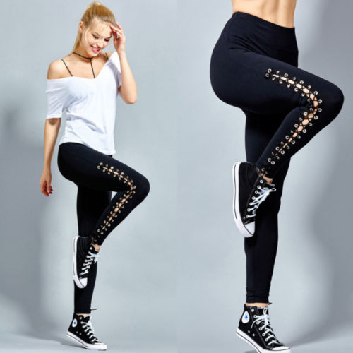 Women High Waist Fitness Leggings Lace Up Black White Solid Trousers