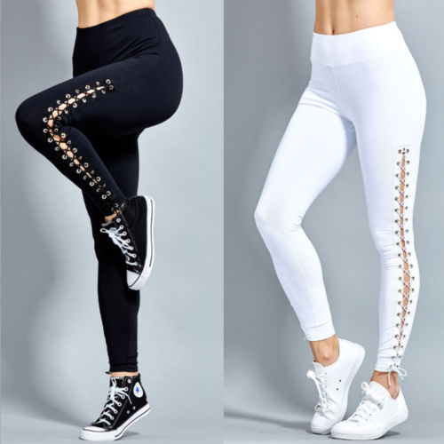 Women High Waist Fitness Leggings Lace Up Black White Solid Trousers